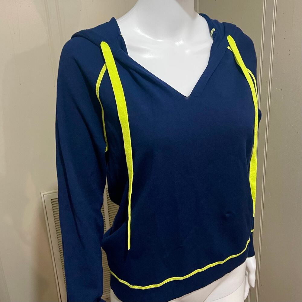 Navy Knit V-Neck Pullover Hoodie with Neon Accent Trim